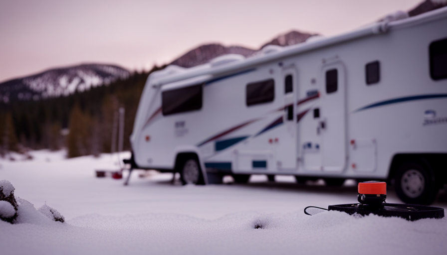 An image featuring a close-up of an RV camper surrounded by a snowy landscape
