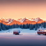 An image showcasing a snowy forest setting with a camper trailer nestled amidst tall evergreen trees