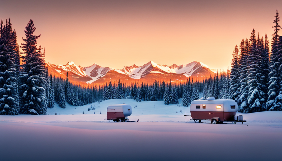 An image showcasing a snowy forest setting with a camper trailer nestled amidst tall evergreen trees