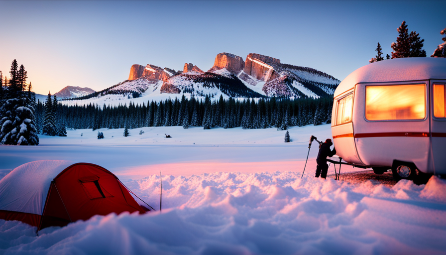 An image showcasing a camper surrounded by a winter wonderland