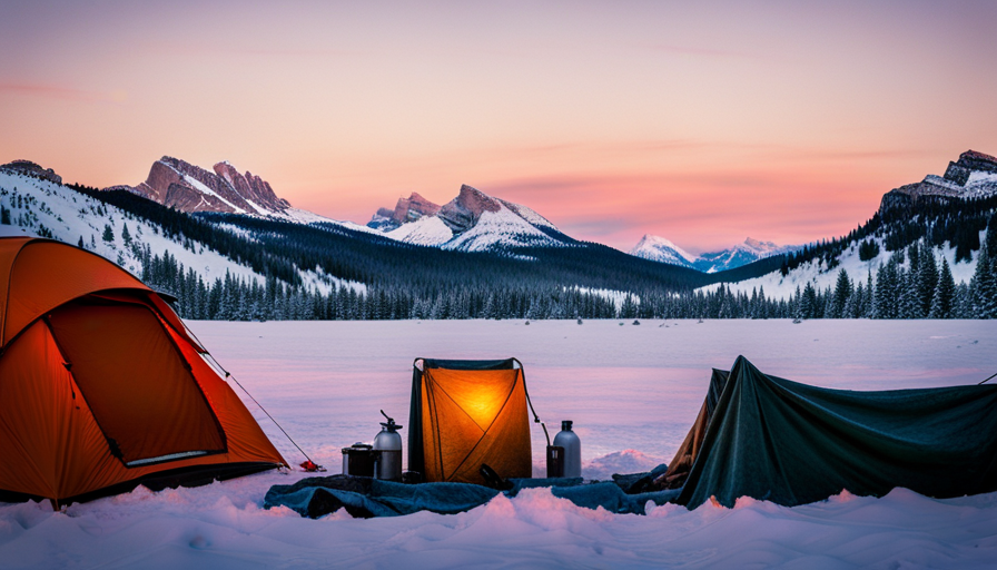An image capturing the essence of winterizing a camper: a serene winter landscape with a camper covered in a protective tarp, surrounded by jugs of antifreeze, tools for draining water systems, and insulation materials
