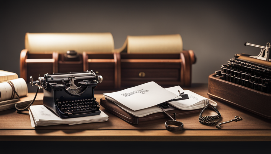 An image showcasing a rustic wooden desk with a vintage typewriter placed on top