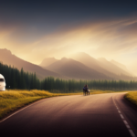 An image showcasing a scenic road flanked by towering trees, with a spacious camper trailer parked alongside