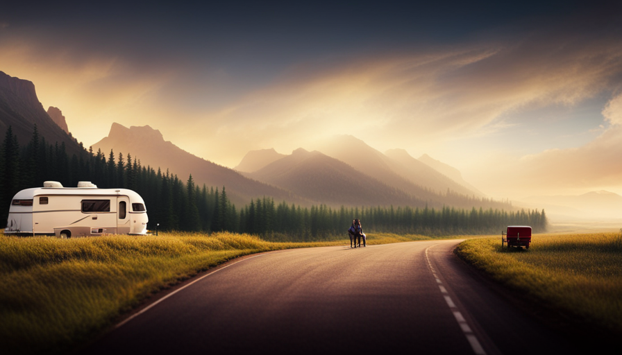 An image showcasing a scenic road flanked by towering trees, with a spacious camper trailer parked alongside