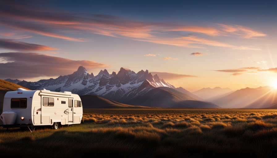 An image showcasing a spacious camper that stretches from edge to edge, with wide, panoramic windows revealing breathtaking mountain vistas