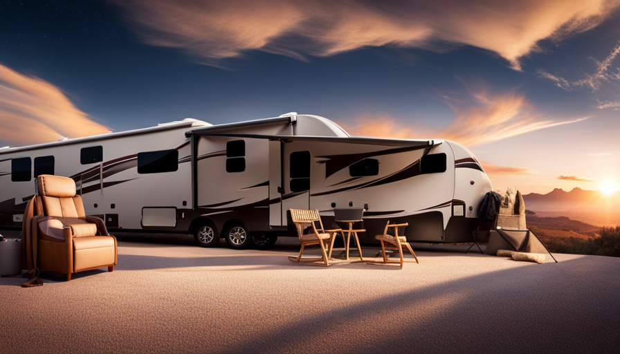 An image showcasing a sprawling 5th wheel camper, measuring approximately 40 feet in length and 8