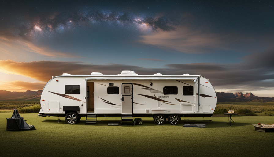 An image of a spacious camper parked in a serene campground, showcasing its impressive width with extended slide outs
