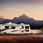 An image showcasing a sprawling fifth wheel camper, measuring 40 feet in length and 8 feet in width, towering against a backdrop of majestic mountains, highlighting its spaciousness and grandeur