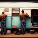 An image that showcases a person inspecting the exterior of a used camper, carefully examining the condition of its tires, windows, roof, and body for any signs of wear, rust, or damage