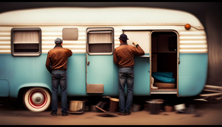 An image that showcases a person inspecting the exterior of a used camper, carefully examining the condition of its tires, windows, roof, and body for any signs of wear, rust, or damage