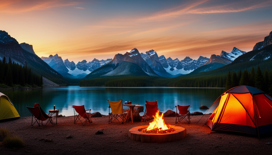 An image showcasing a picturesque campsite nestled among towering mountains, with a row of sleek and modern campers in various vibrant colors, representing the top camper brands