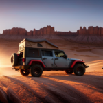 An image showcasing a rugged Jeep Wrangler confidently towing a compact teardrop camper through picturesque mountain terrain, while the sun sets in the background, casting a warm glow over the scene