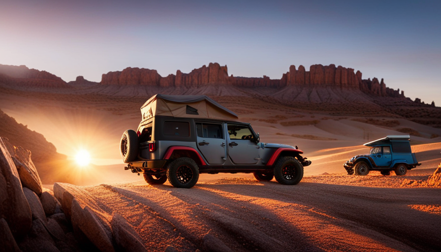 An image showcasing a rugged Jeep Wrangler confidently towing a compact teardrop camper through picturesque mountain terrain, while the sun sets in the background, casting a warm glow over the scene