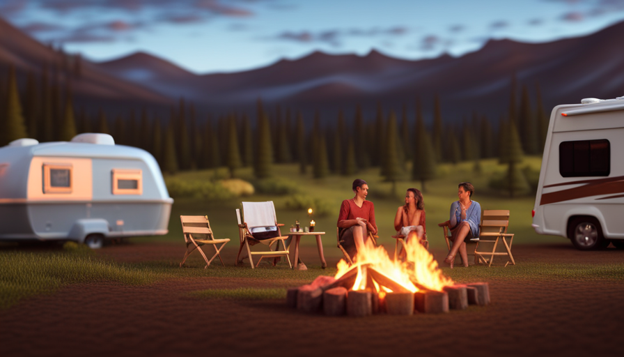 An image showcasing a serene mountain landscape, with a cozy campfire surrounded by different types of campers: a spacious RV, a compact teardrop trailer, a rugged off-road camper, and a sleek camper van, representing the various options available for every camper