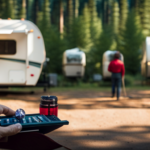 Resque campground scene with a stunning camper parked amidst towering pine trees