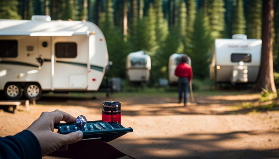 Resque campground scene with a stunning camper parked amidst towering pine trees