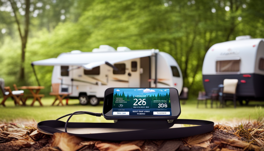 An image showcasing a vibrant campground scene with a modern camper surrounded by lush greenery
