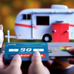 An image showcasing a vibrant camper surrounded by a diverse range of credit score indicators, such as a graph, a credit card, a piggy bank, and a calculator