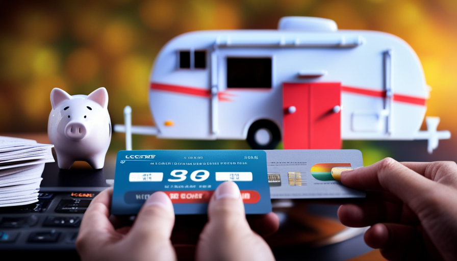 An image showcasing a vibrant camper surrounded by a diverse range of credit score indicators, such as a graph, a credit card, a piggy bank, and a calculator