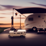 An image showcasing a sturdy pop-up camper parked on a weighbridge, capturing the precise moment when its weight is being measured