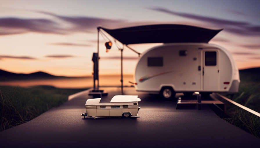 An image showcasing a sturdy pop-up camper parked on a weighbridge, capturing the precise moment when its weight is being measured