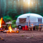 An image that showcases a cozy campsite with a camper surrounded by towering trees, a crackling campfire, and a picnic table