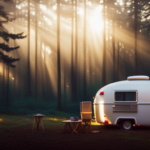  an image of a cozy, compact camper parked amidst a picturesque forest