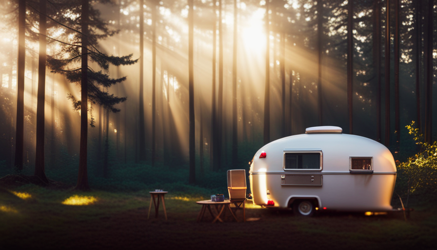 an image of a cozy, compact camper parked amidst a picturesque forest