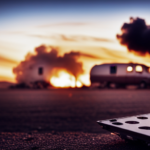 E sunset scene with a camper engulfed in flames, billowing thick smoke into the sky