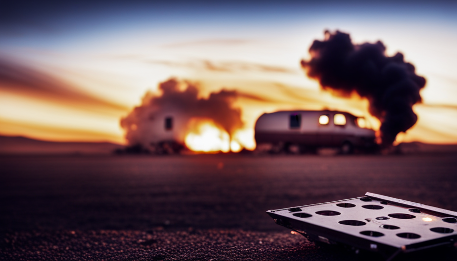 E sunset scene with a camper engulfed in flames, billowing thick smoke into the sky