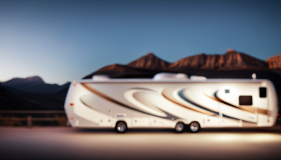 An image showcasing a spacious and luxurious 5th wheel camper nestled amidst breathtaking natural scenery