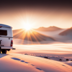  the essence of a 4 Season Camper with a captivating visual: A rugged, all-terrain vehicle stands amidst a breathtaking winter landscape, adorned with icicles glistening under the golden rays of the setting sun
