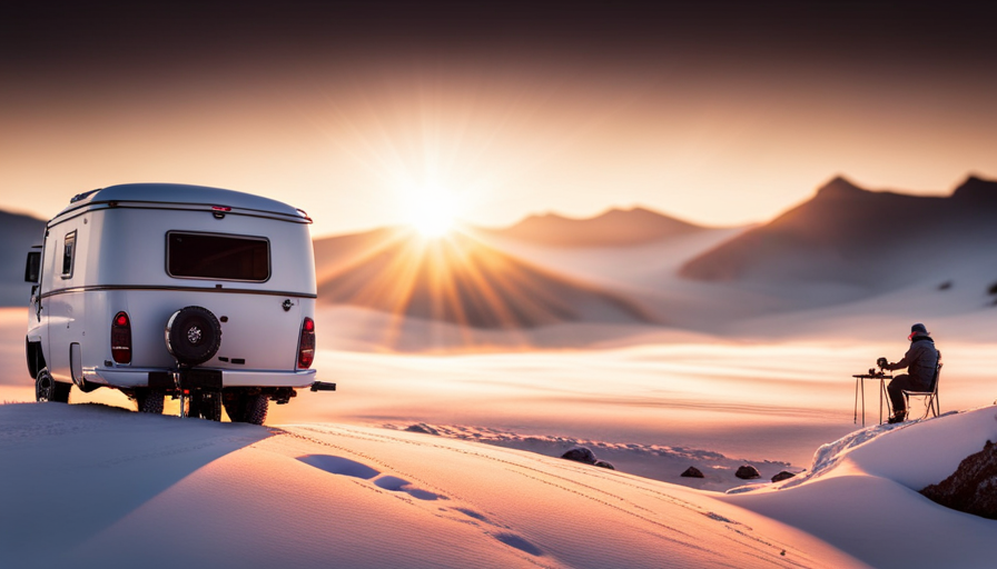 the essence of a 4 Season Camper with a captivating visual: A rugged, all-terrain vehicle stands amidst a breathtaking winter landscape, adorned with icicles glistening under the golden rays of the setting sun