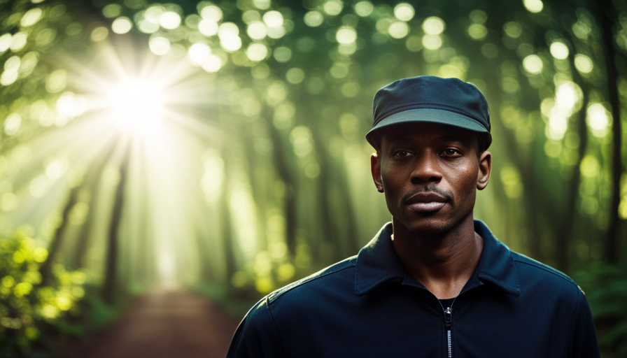 An image showcasing a person wearing a classic camper hat in a lush green forest, with sunlight filtering through the trees, casting dappled shadows on their face