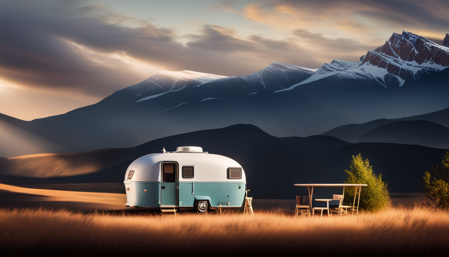 An image showcasing a spacious, well-equipped camper trailer nestled amidst breathtaking natural surroundings
