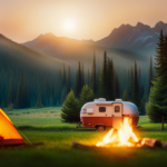 An image showcasing a classic campsite scene, with a cozy camper nestled amidst towering pine trees