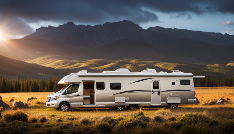 An image showcasing a sleek, compact Class B camper parked amidst breathtaking natural scenery