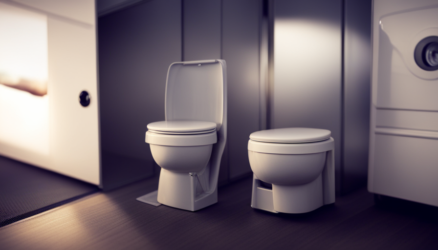 An image that showcases a compact camper interior, with a sleek and modern dry toilet system