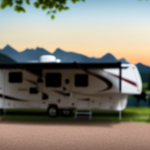 An image showcasing a spacious and luxurious fifth wheel camper, nestled in a picturesque campground surrounded by tall trees