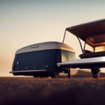 An image showcasing a compact, lightweight Hi Lo camper with its unique hydraulic lift system fully engaged, revealing its elevated roof and lowered body, ready to embark on an adventurous journey