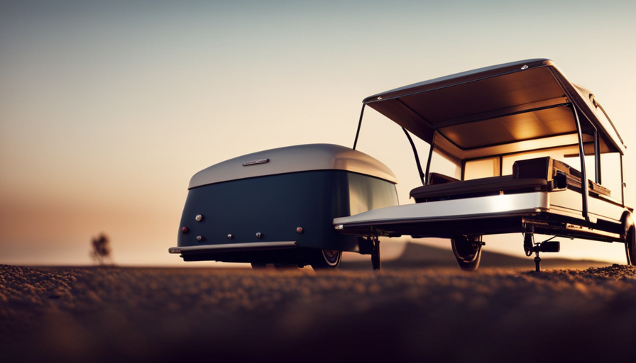 An image showcasing a compact, lightweight Hi Lo camper with its unique hydraulic lift system fully engaged, revealing its elevated roof and lowered body, ready to embark on an adventurous journey