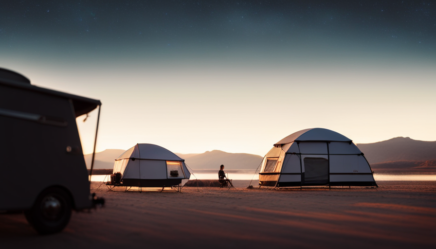 An image showcasing a spacious, innovative hybrid camper nestled amidst picturesque wilderness
