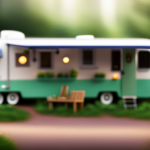 An image showcasing a cozy park model camper nestled amidst lush greenery in a serene campground