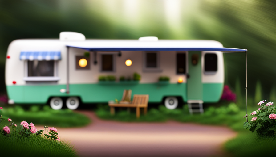 An image showcasing a cozy park model camper nestled amidst lush greenery in a serene campground