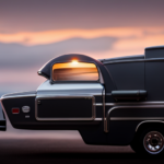 An image that showcases a sleek, compact pickup camper nestled atop a sturdy truck bed