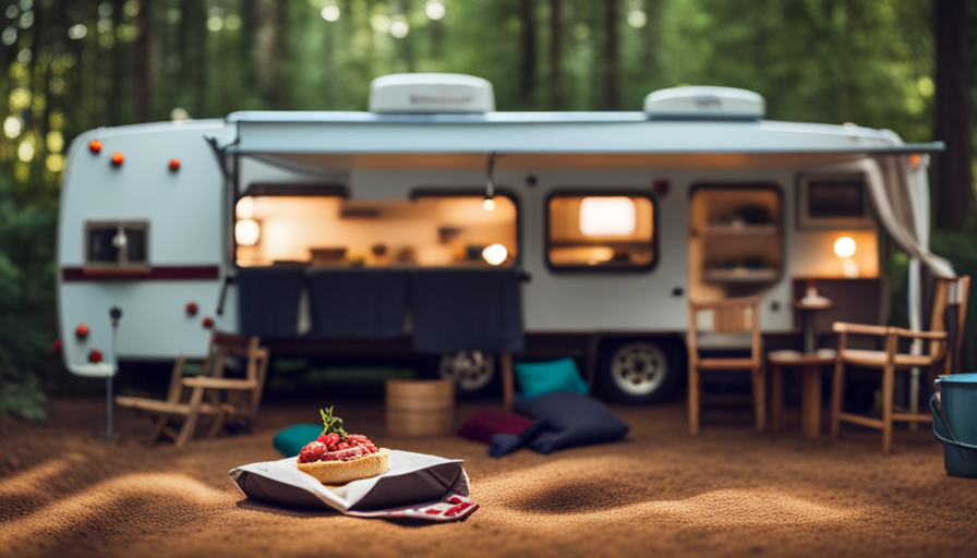 An image showcasing a cozy pop-up camper parked amidst a scenic campsite, with its canvas fully extended, revealing a welcoming interior filled with a plush mattress, a compact kitchenette, and a charming dining area
