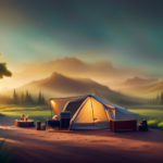 An engaging image showcasing a cozy campsite scene with a compact, collapsible camper surrounded by lush greenery