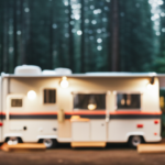 An image showcasing a cozy pop-up camper nestled in a picturesque campground surrounded by towering trees, with its foldable panels extended, revealing a fully-equipped interior and a welcoming outdoor seating area