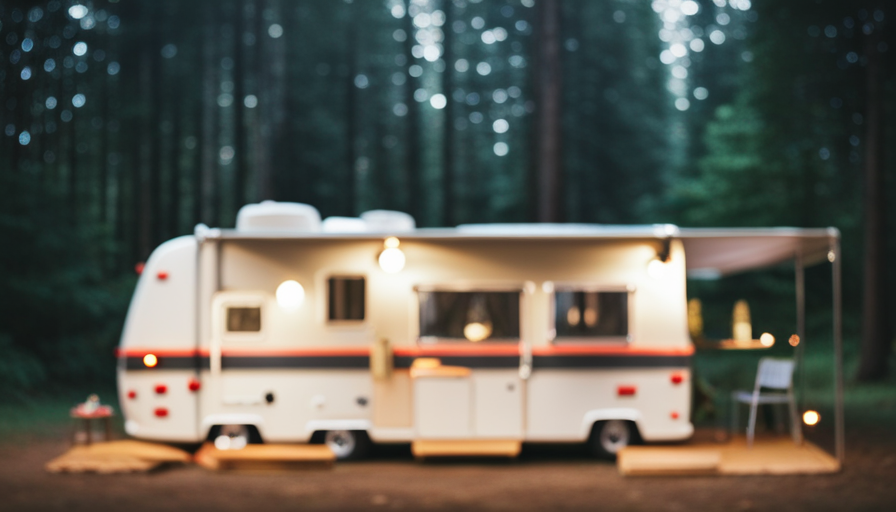 An image showcasing a cozy pop-up camper nestled in a picturesque campground surrounded by towering trees, with its foldable panels extended, revealing a fully-equipped interior and a welcoming outdoor seating area
