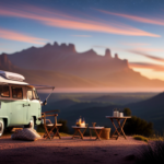 An image showcasing a compact, fully equipped camper van nestled amidst a serene natural backdrop